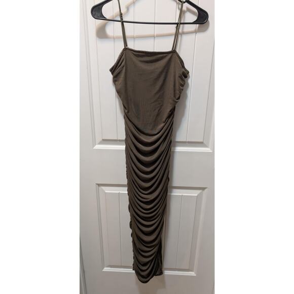Women's Revamped Olive Green Mesh Bodycon Ruched Maxi Slimming Dress Size 2 - Picture 1 of 9